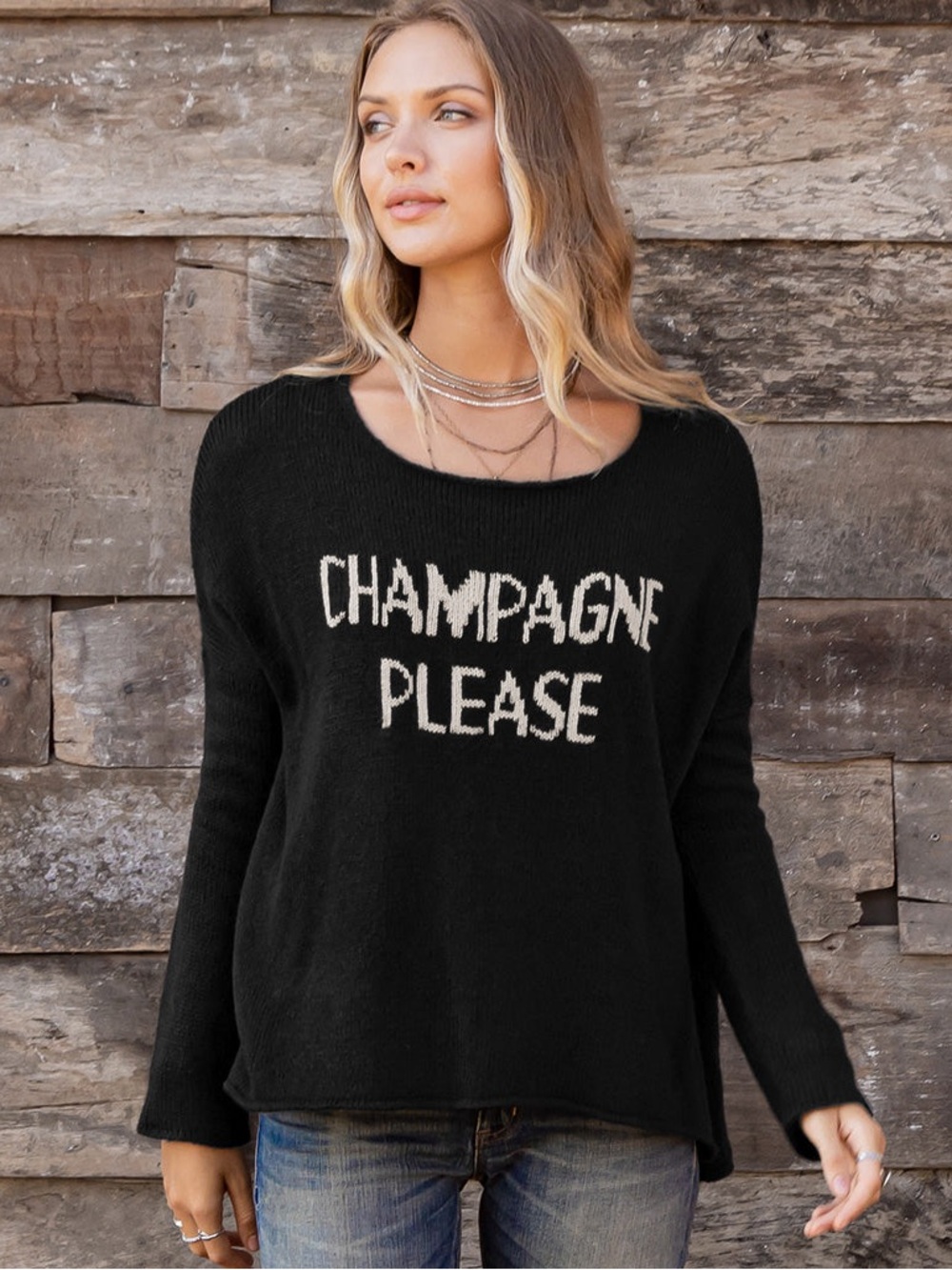 Wooden Ships Champagne Please Crew Lightweight Sweater Pullover Graphic Black